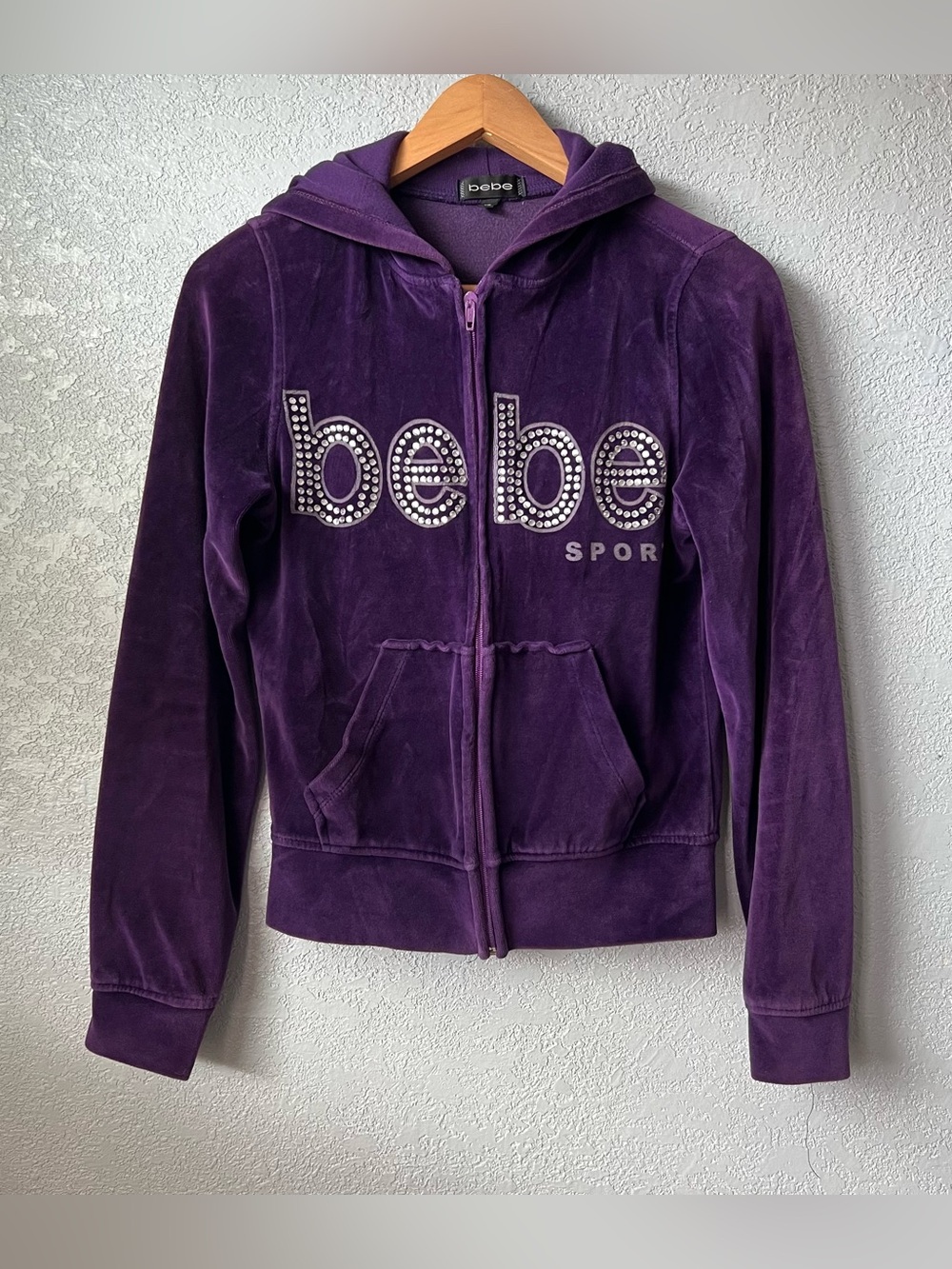 Y2K Bebe Sport Purple Velour Rhinestone Logo Zip Up Hoodie Size M